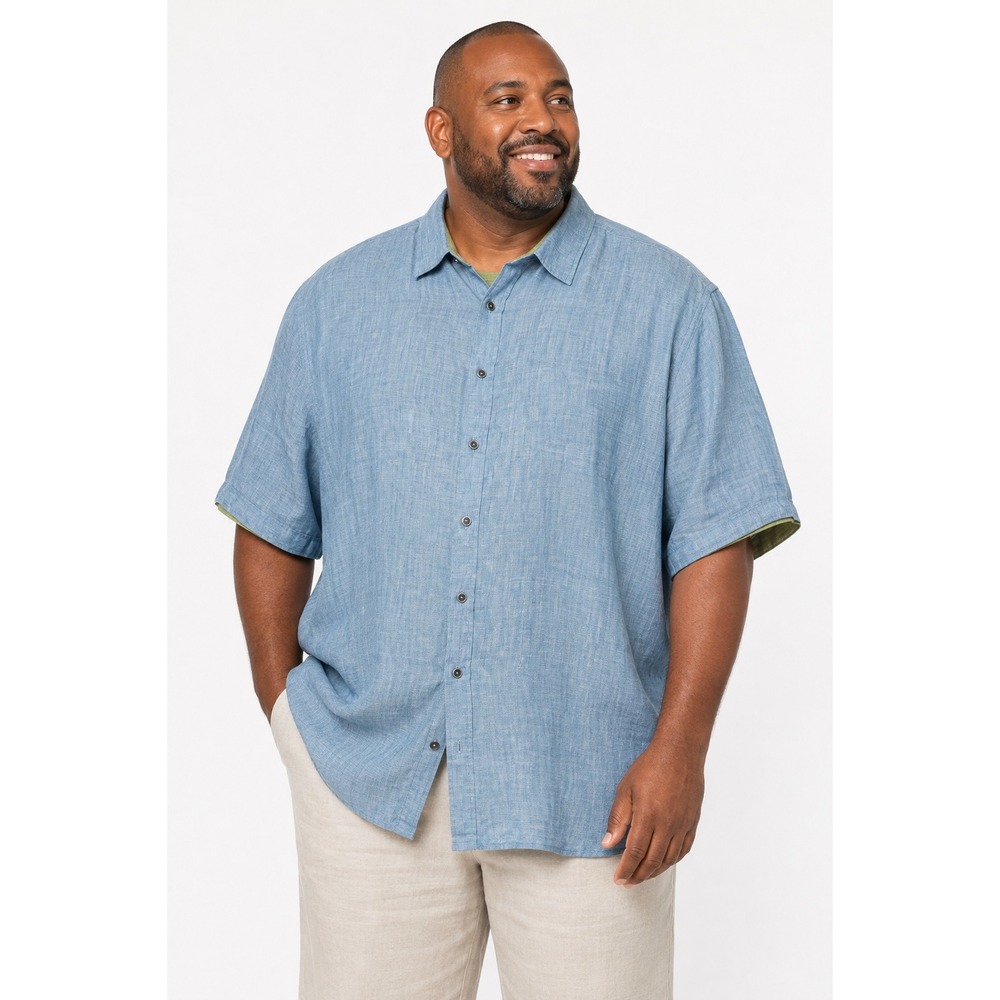 Rochester Mens 3XLT Blue 100% Linen Short Sleeve Button Down Shirt Big & Tall
